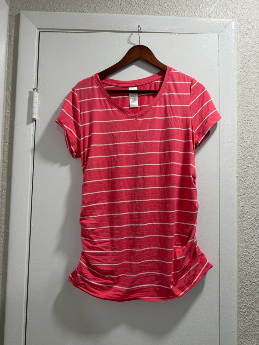 Maternity- Time and Tru Coral Pink Striped V-Neck Short Sleeve Top